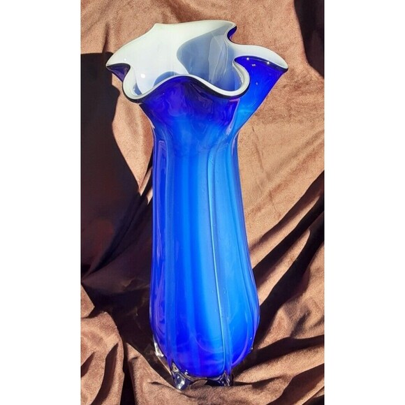 Cased Glass Blown Vase by Cavalier, Blue & White - Picture 2 of 10